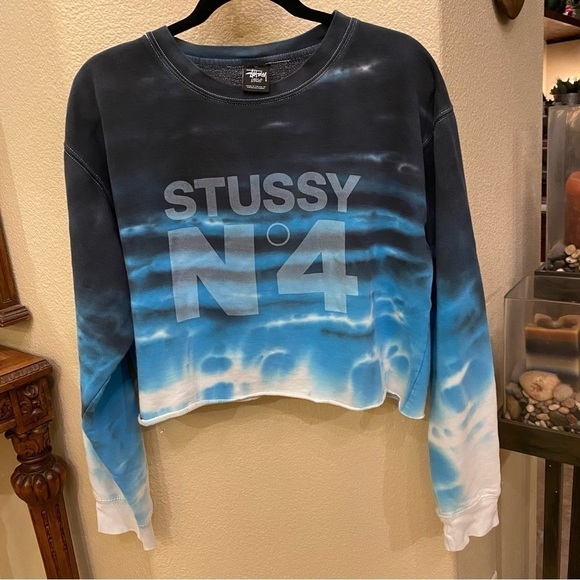 STUSSY N•4 Women Blue Tie Dye Cropped Cut Off Sweater Size Large *Rare* - Picture 1 of 8